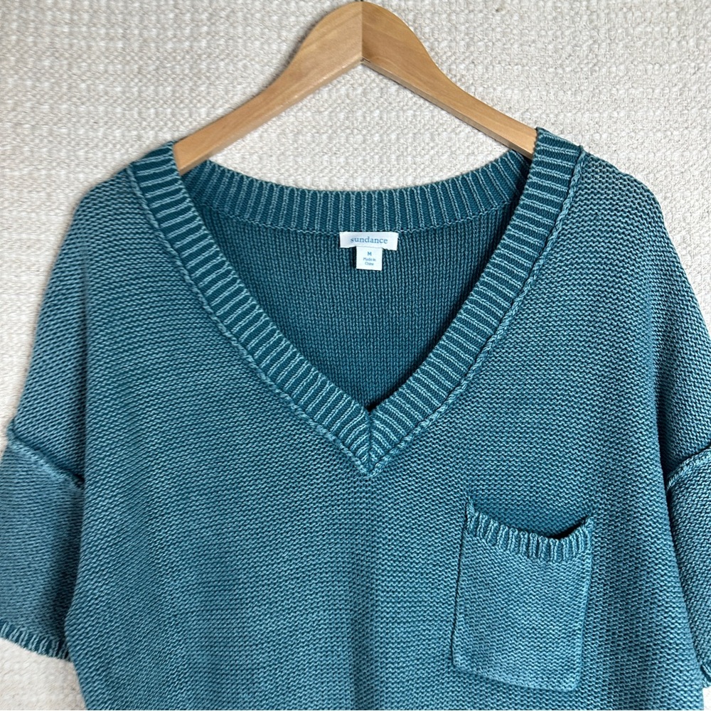 SUNDANCE teal blue short sleeve v-neck Much Loved chunky knit sweater MEDIUM - Picture 2 of 7